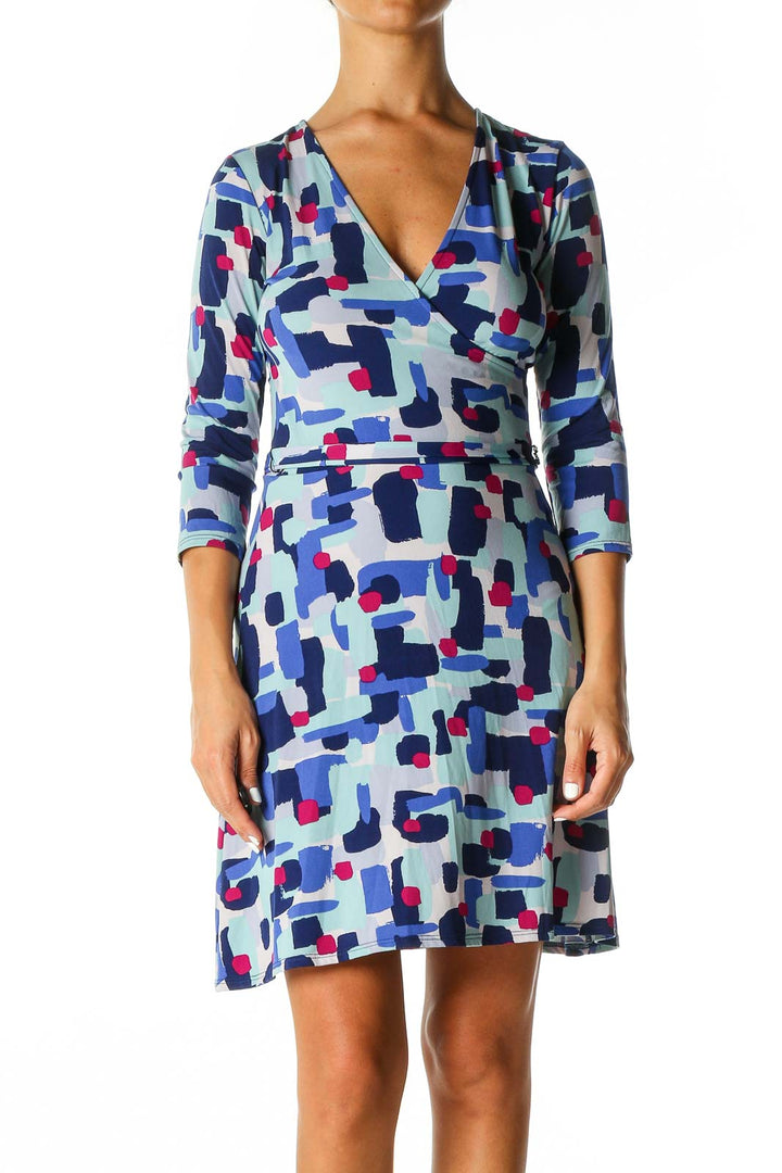 Blue Geometric Print Holiday Shift Dress