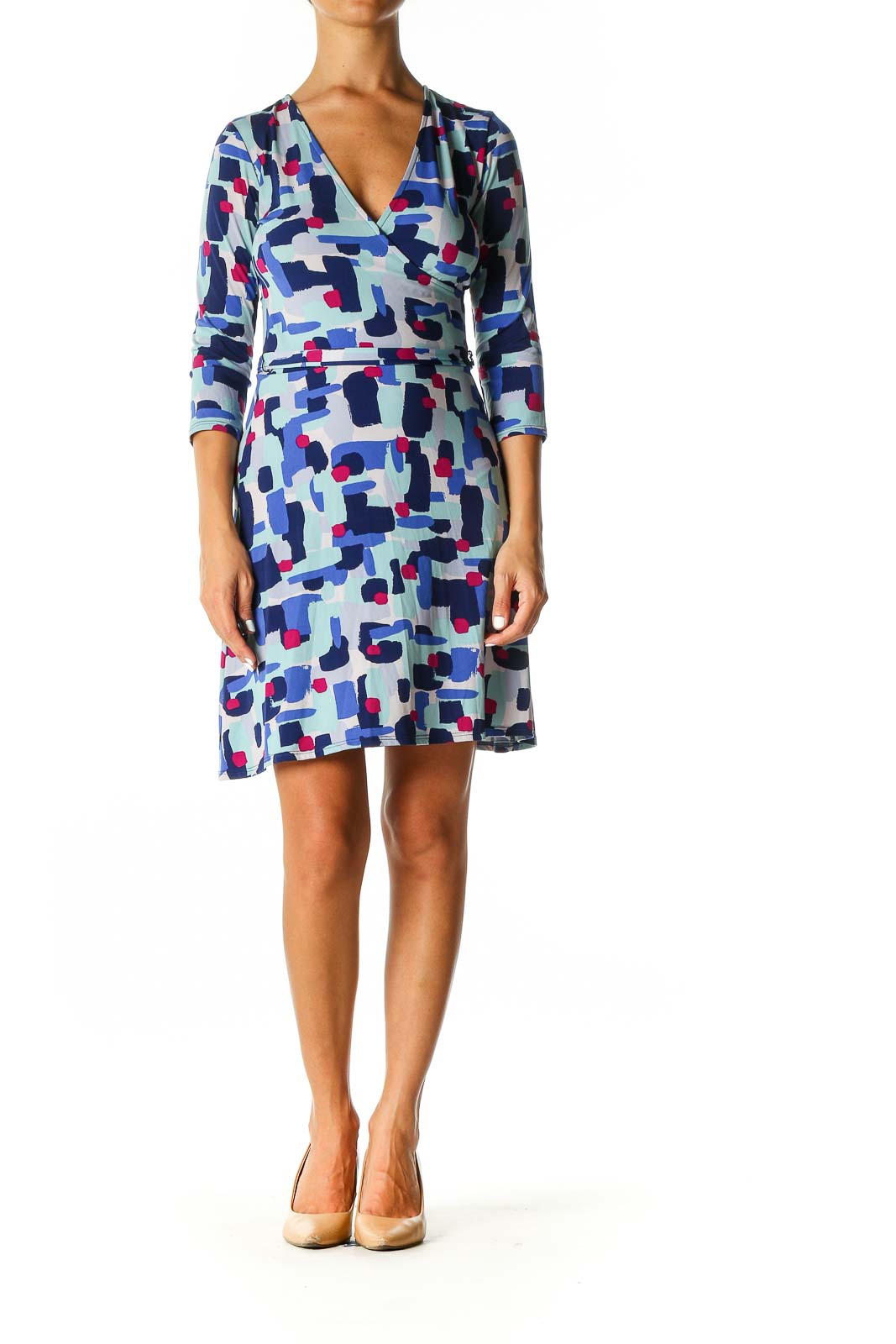 Blue Geometric Print Holiday Shift Dress