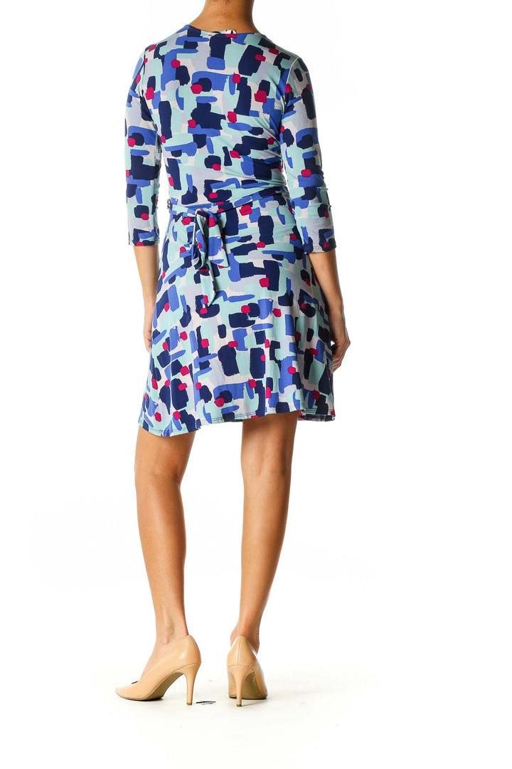 Blue Geometric Print Holiday Shift Dress