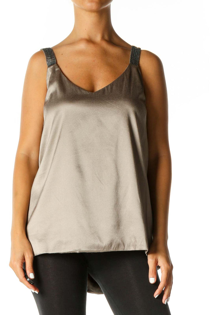 Beige Gray Silk Sequin Strap Tank Top