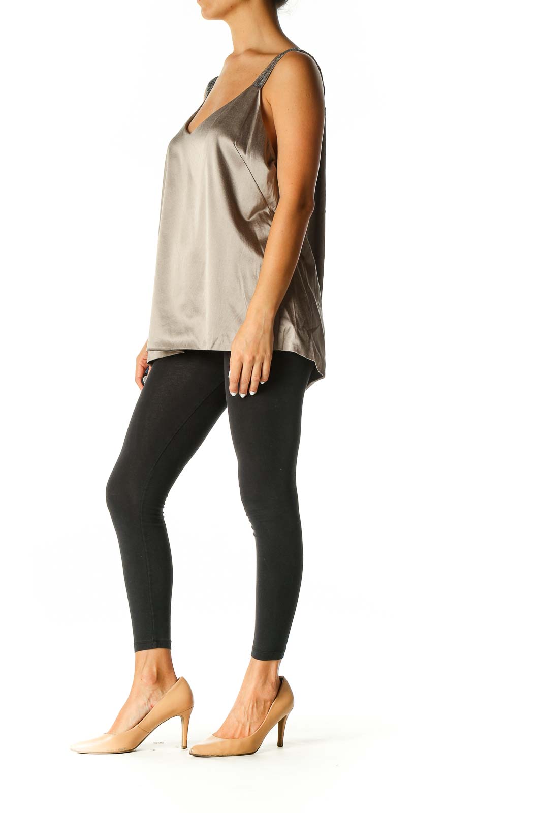 Beige Gray Silk Sequin Strap Tank Top