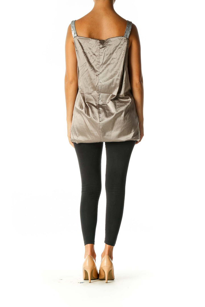 Beige Gray Silk Sequin Strap Tank Top