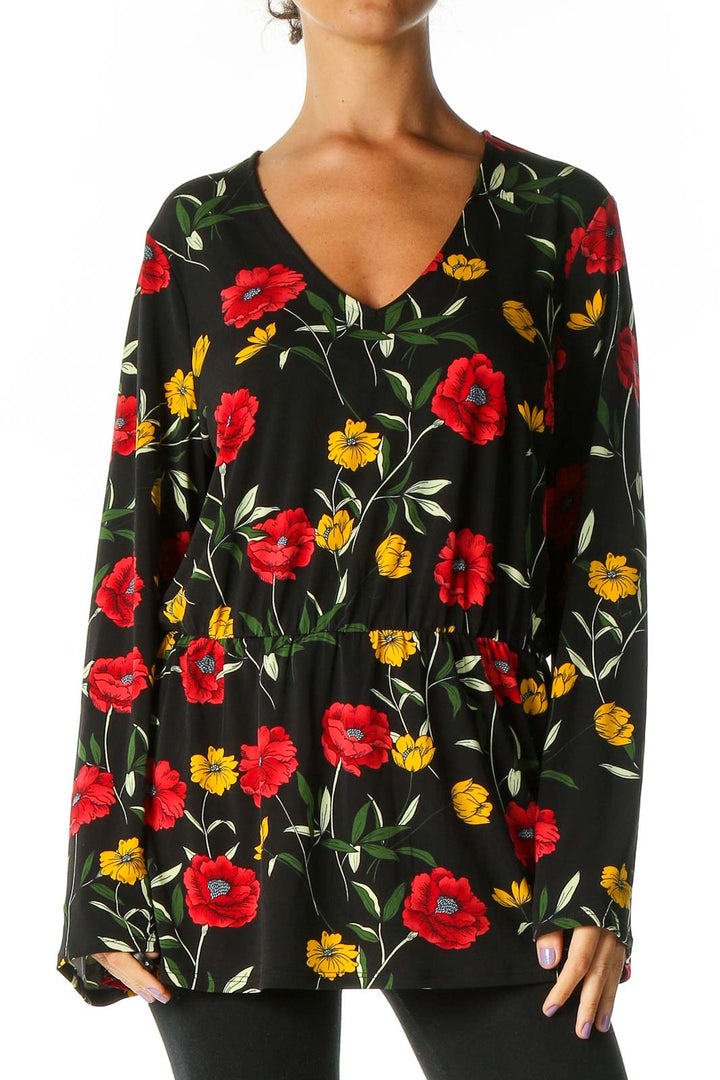 Black Floral Print Retro Blouse