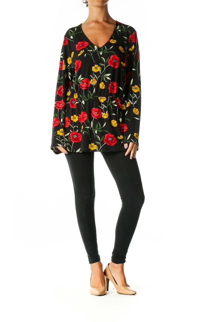 Black Floral Print Retro Blouse