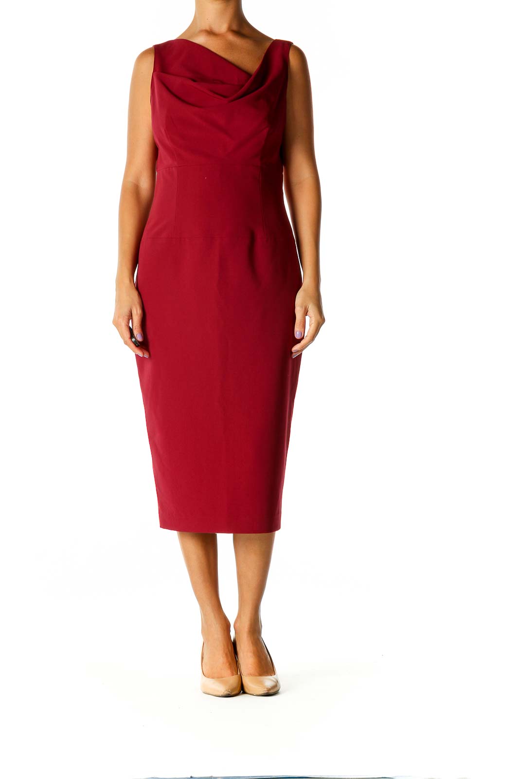 Red Solid Cocktail Sheath Dress