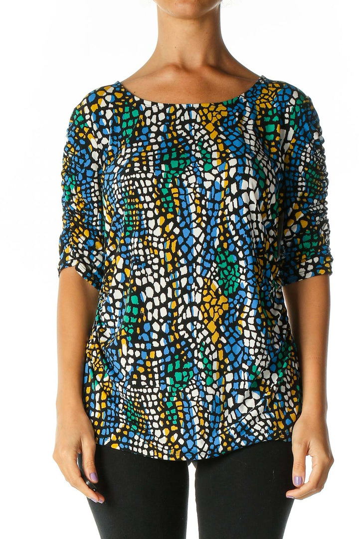 Blue Geometric Print Casual Blouse