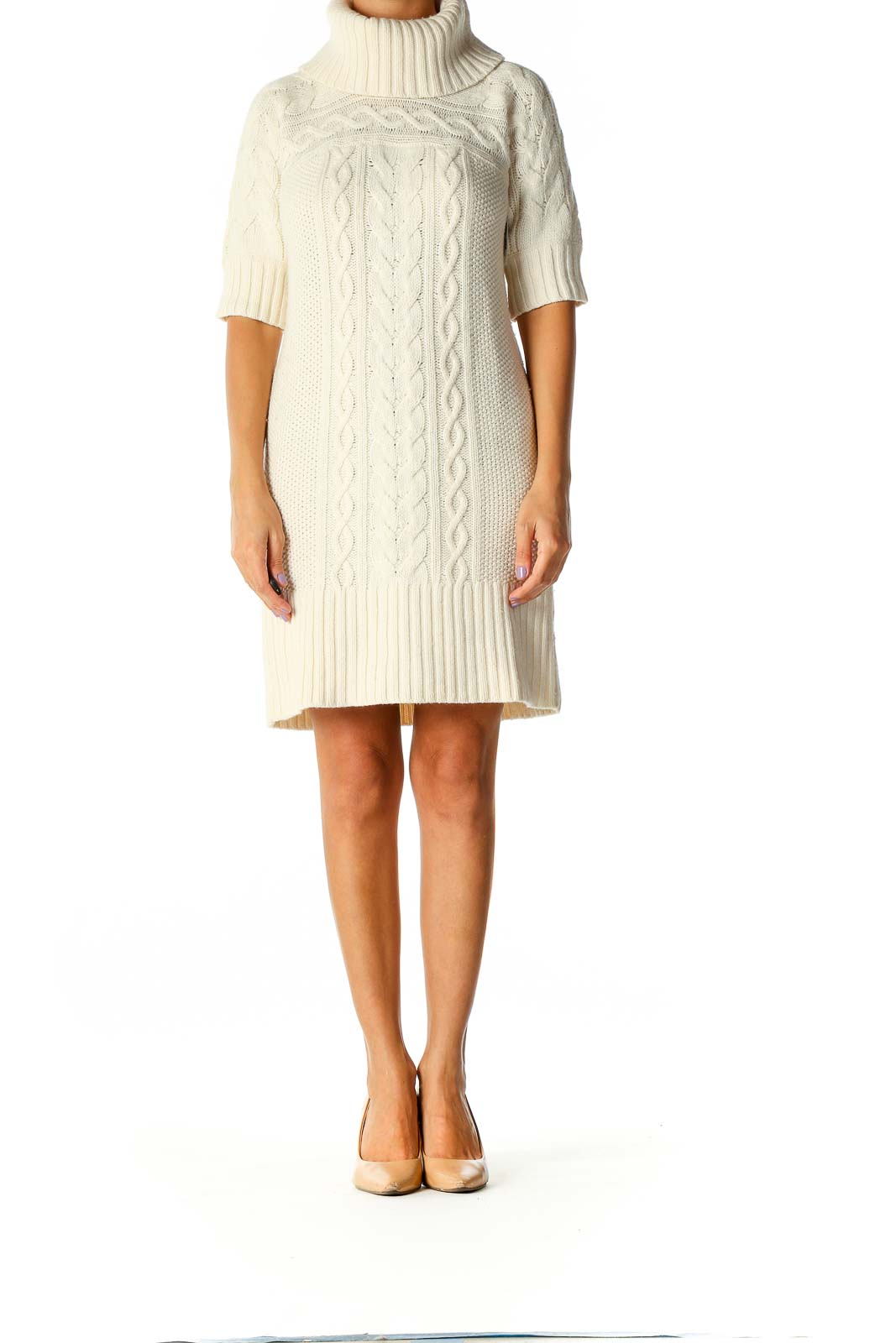 Beige Textured Holiday Shift Dress