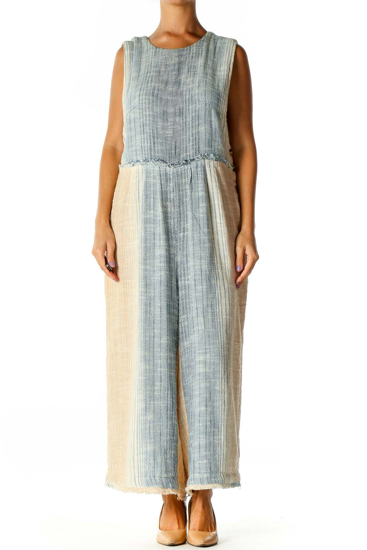 Front view of Free People blue and cream striped sleeveless jumpsuit