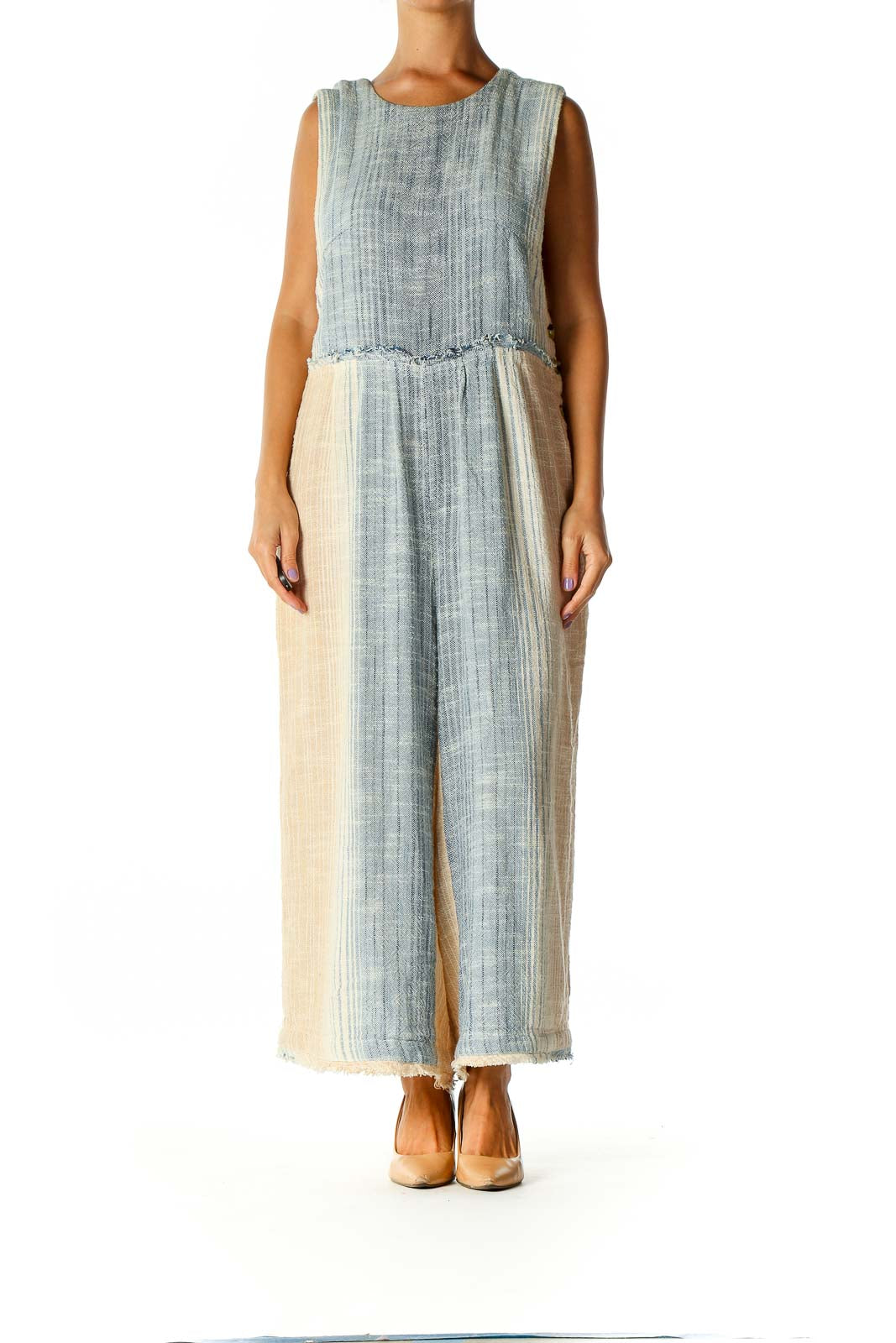 Front view of Free People blue and cream striped sleeveless jumpsuit