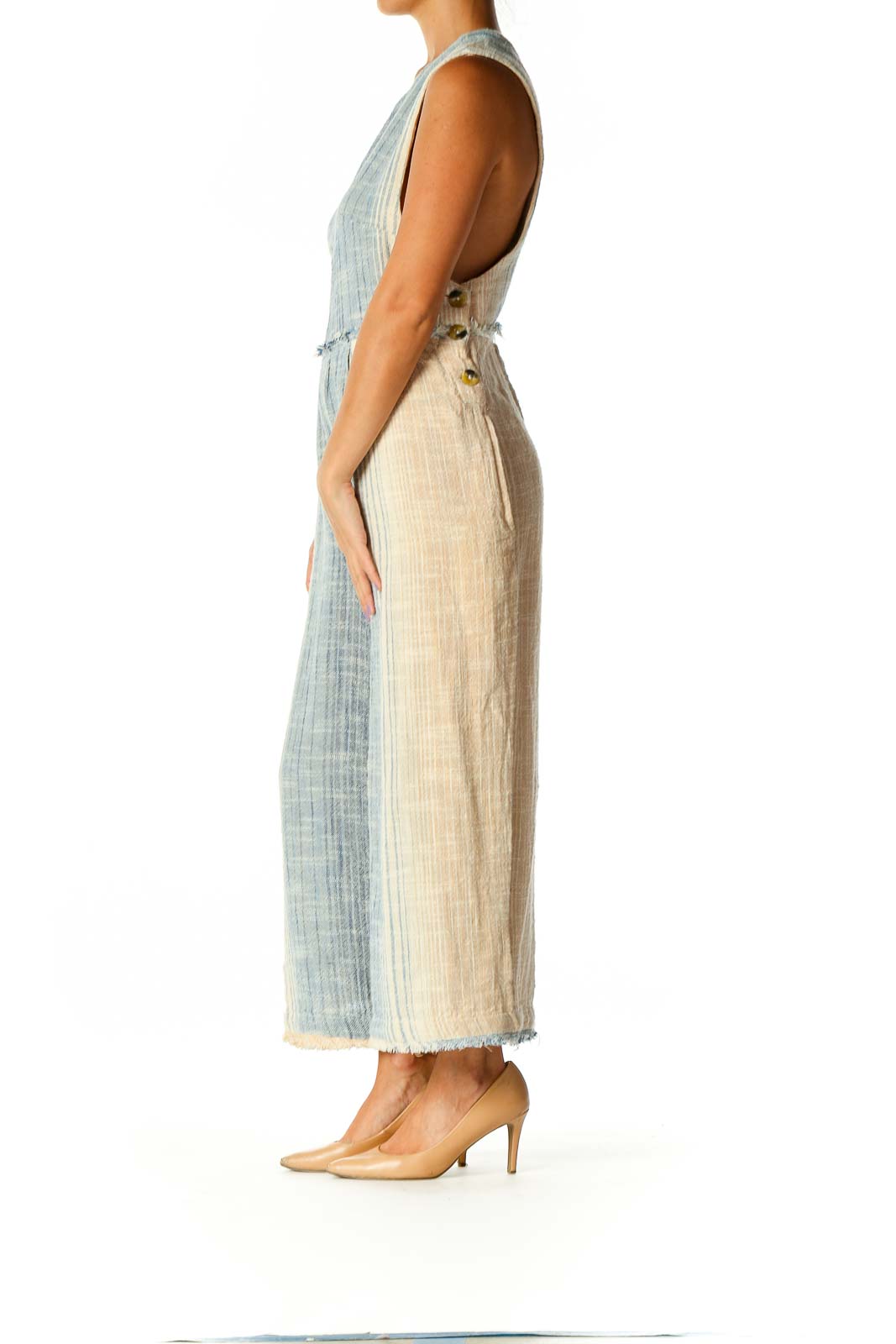 Front view of Free People blue and cream striped sleeveless jumpsuit