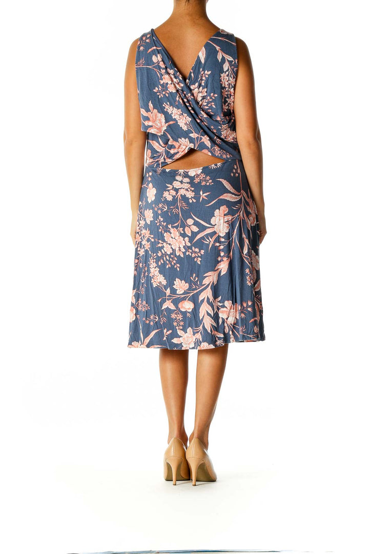 Blue Floral Print Retro A-Line Dress