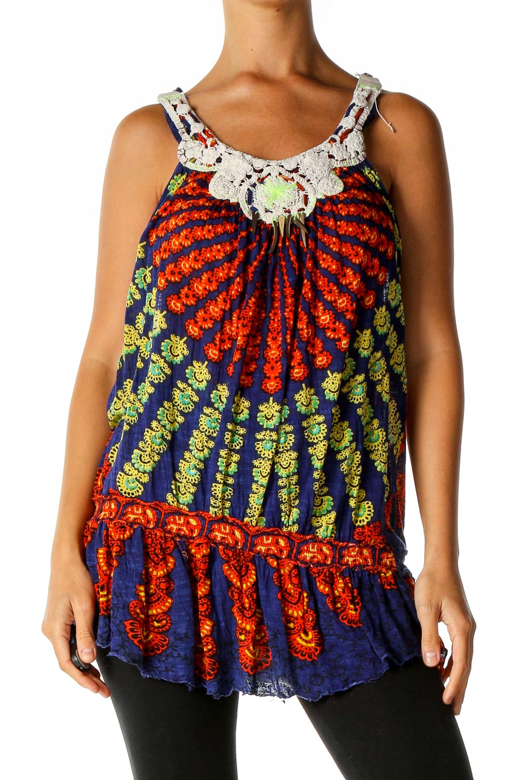 Front view of multicolor Free People tank top with crochet neckline