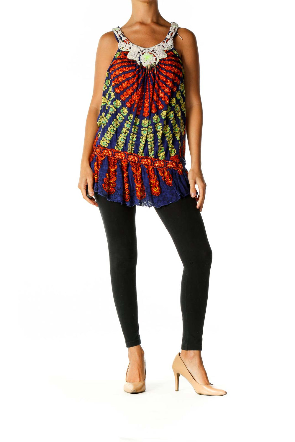 Front view of multicolor Free People tank top with crochet neckline