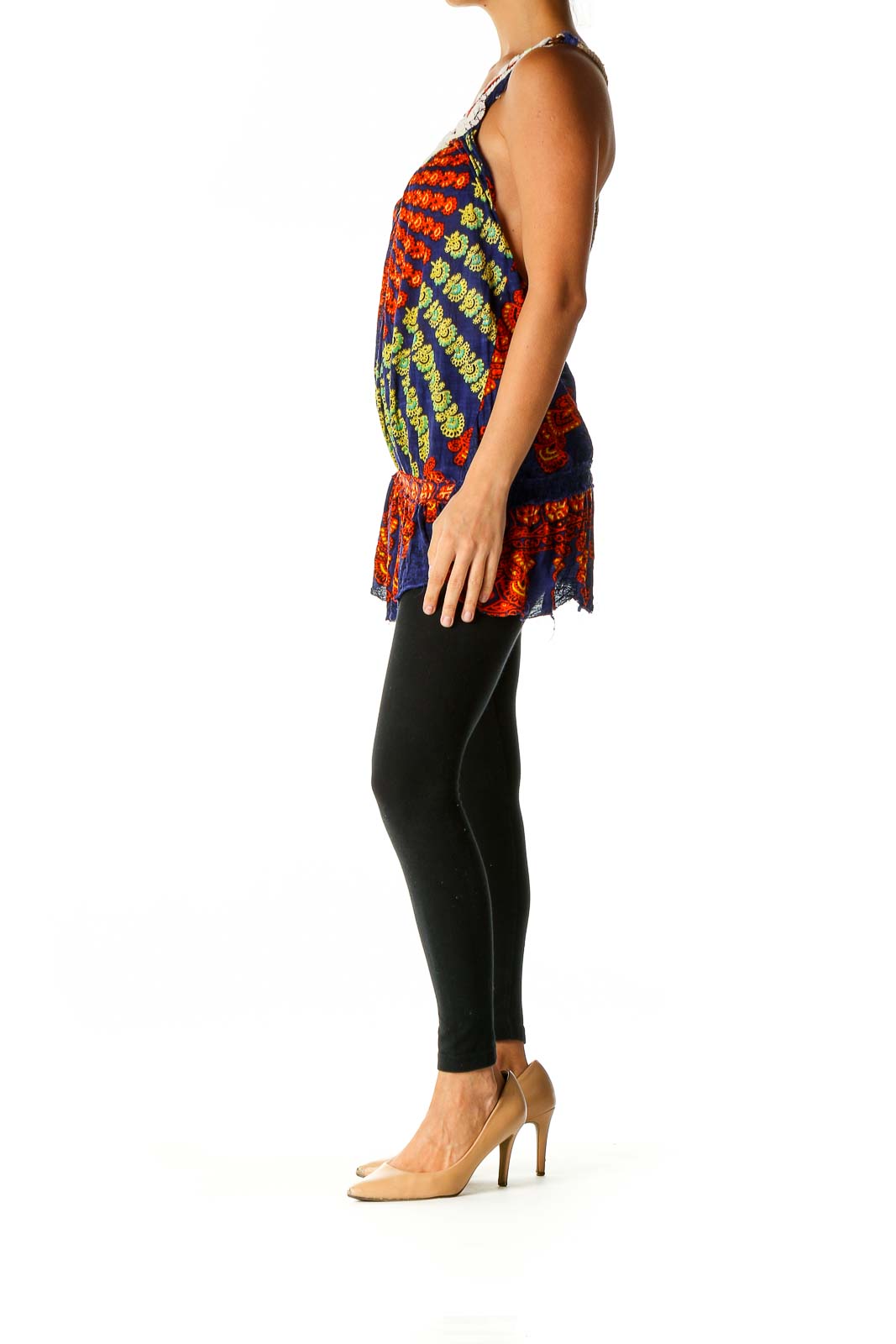 Front view of multicolor Free People tank top with crochet neckline