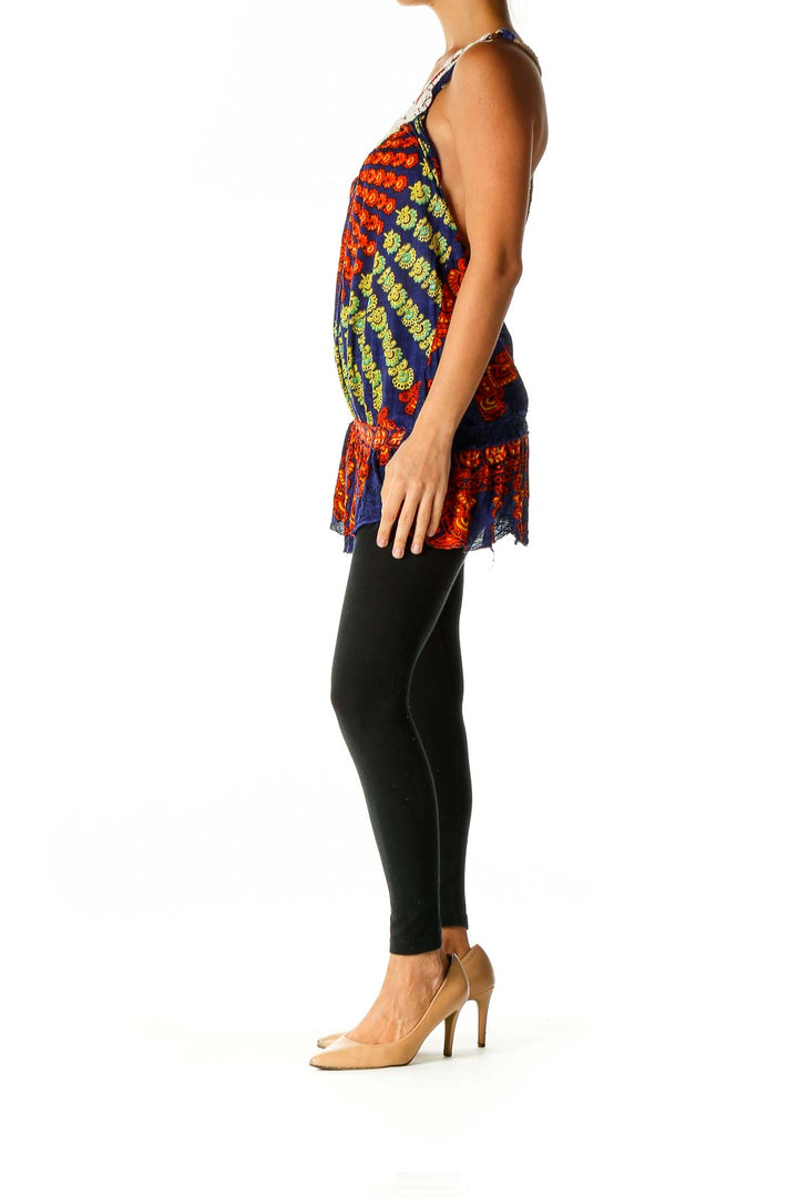 Front view of multicolor Free People tank top with crochet neckline