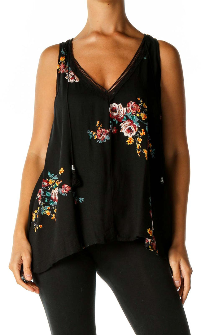 Black Floral Print Bohemian Tank Top