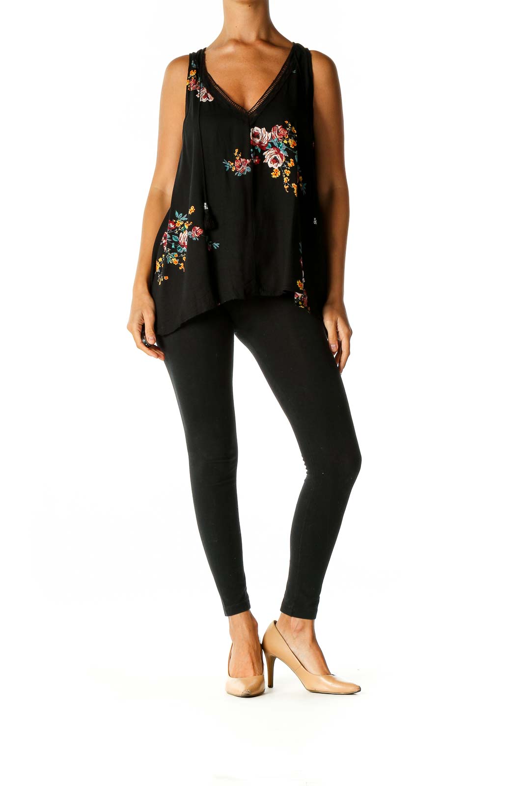 Black Floral Print Bohemian Tank Top