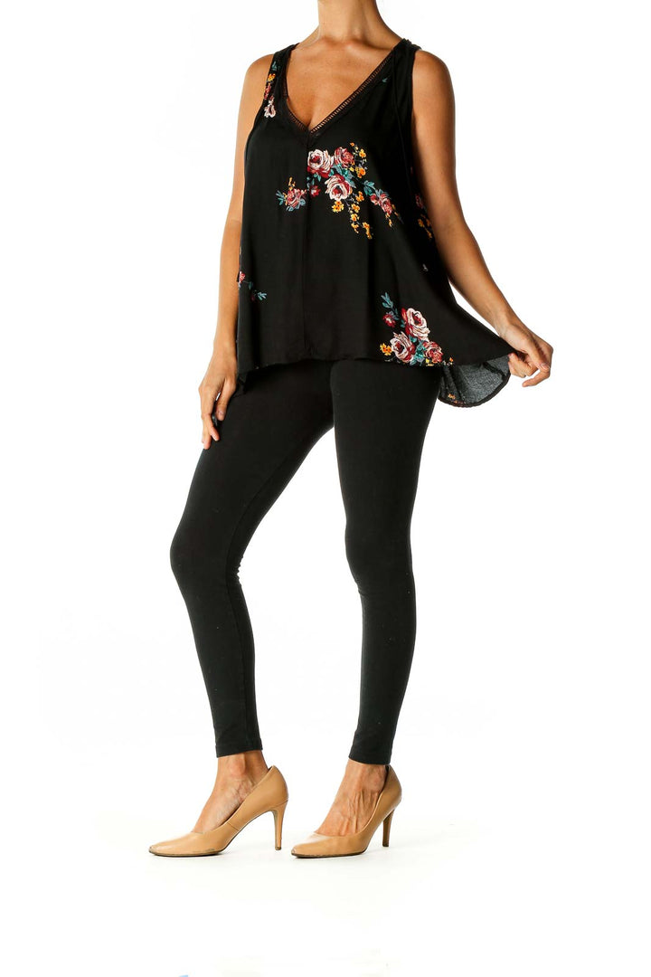 Black Floral Print Bohemian Tank Top