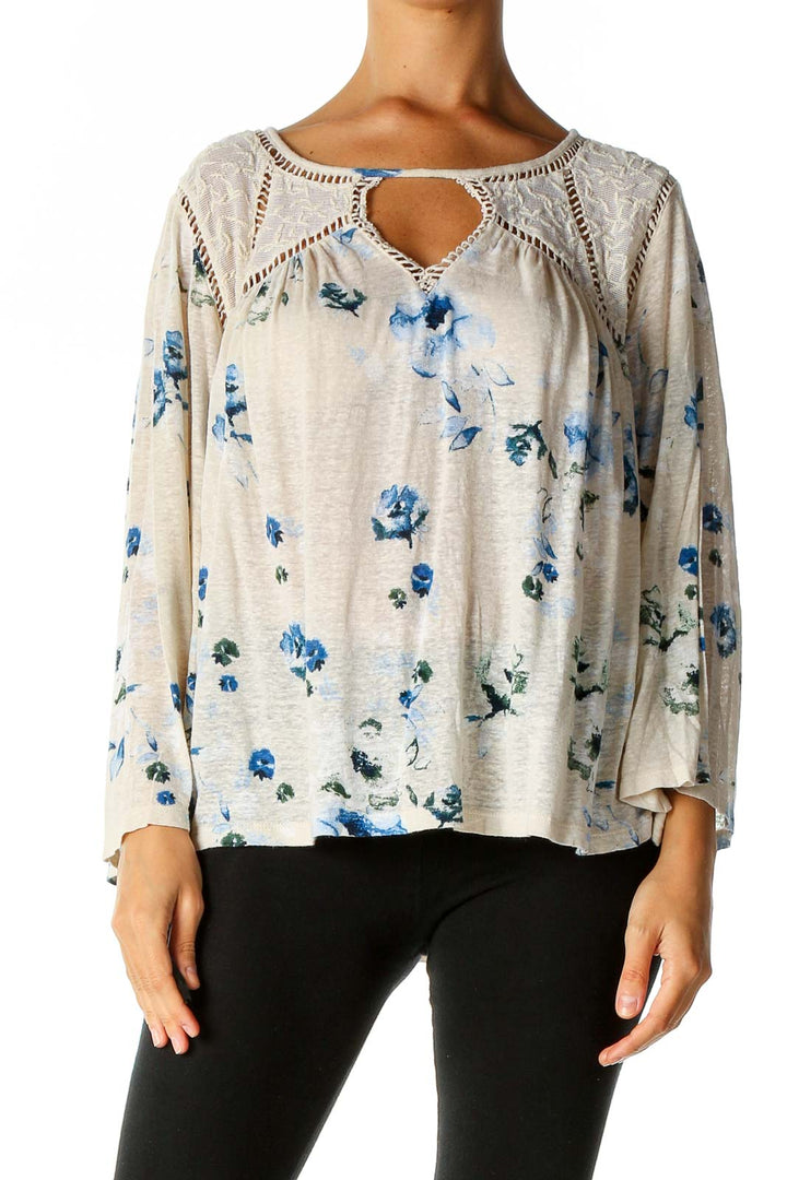 Beige Floral Print Bohemian Blouse