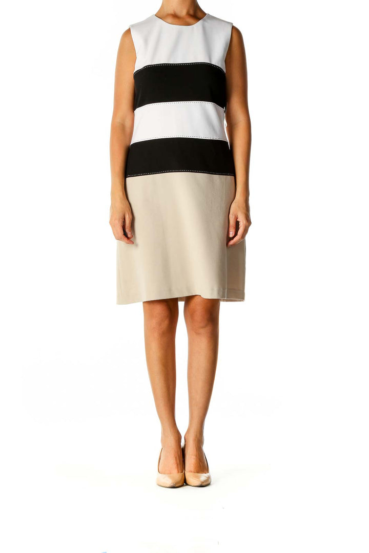 Beige Colorblock Classic A-Line Dress