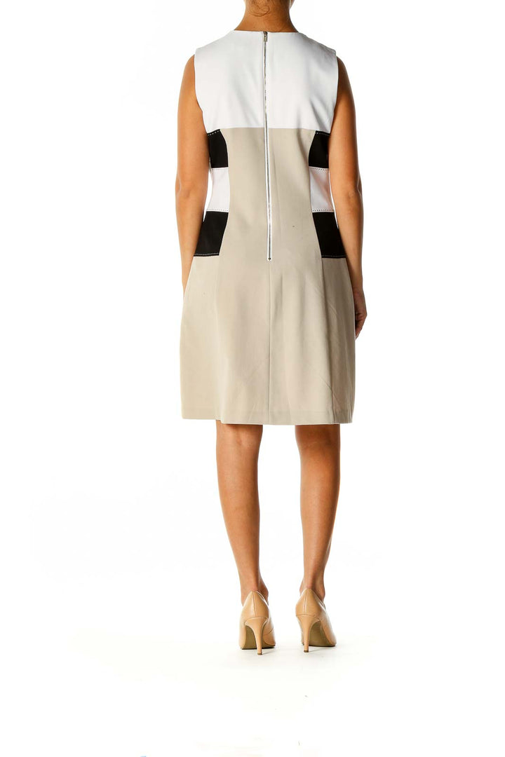 Beige Colorblock Classic A-Line Dress