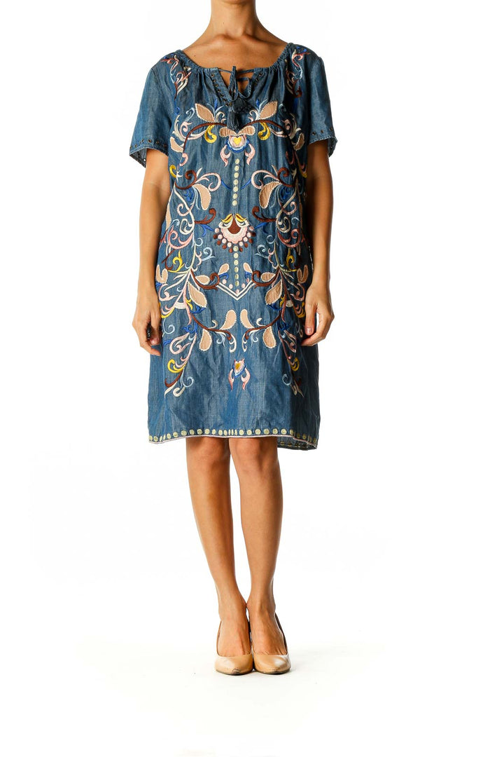 Blue Textured Day Shift Dress