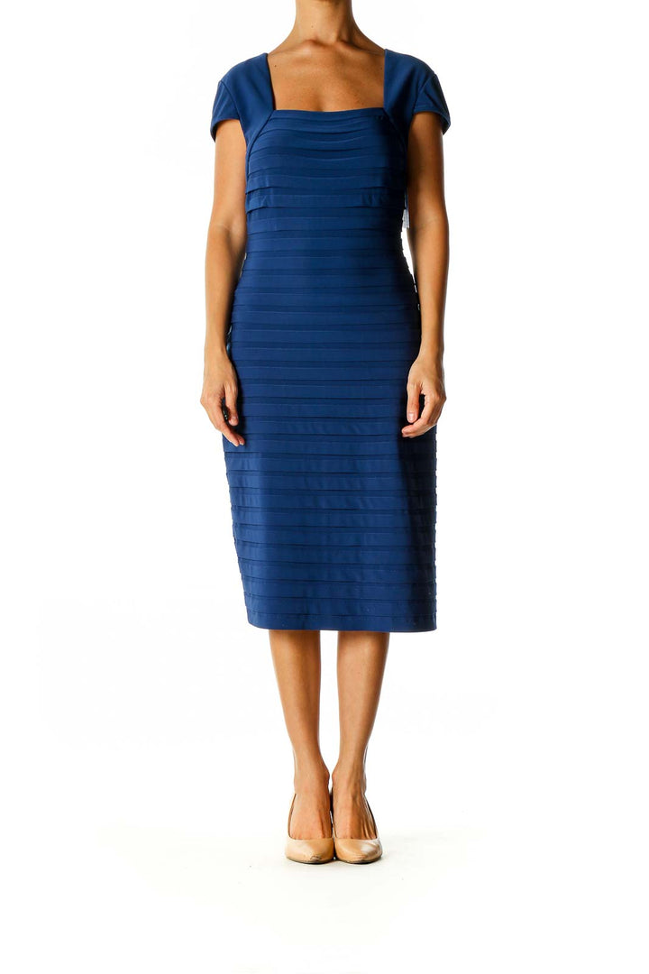 Blue Solid Classic Sheath Dress