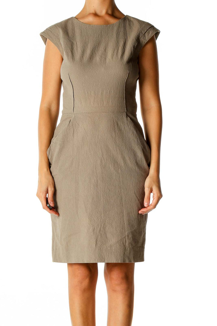 Beige Solid Classic Sheath Dress