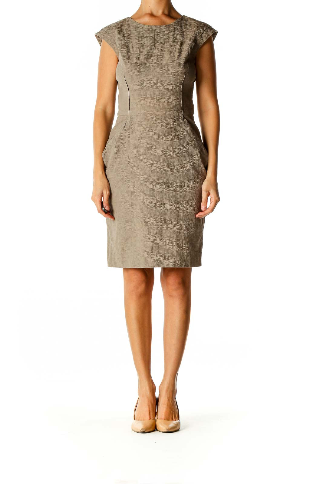 Beige Solid Classic Sheath Dress