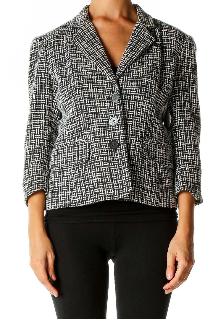 Black White Knit Tweed Work Jacket