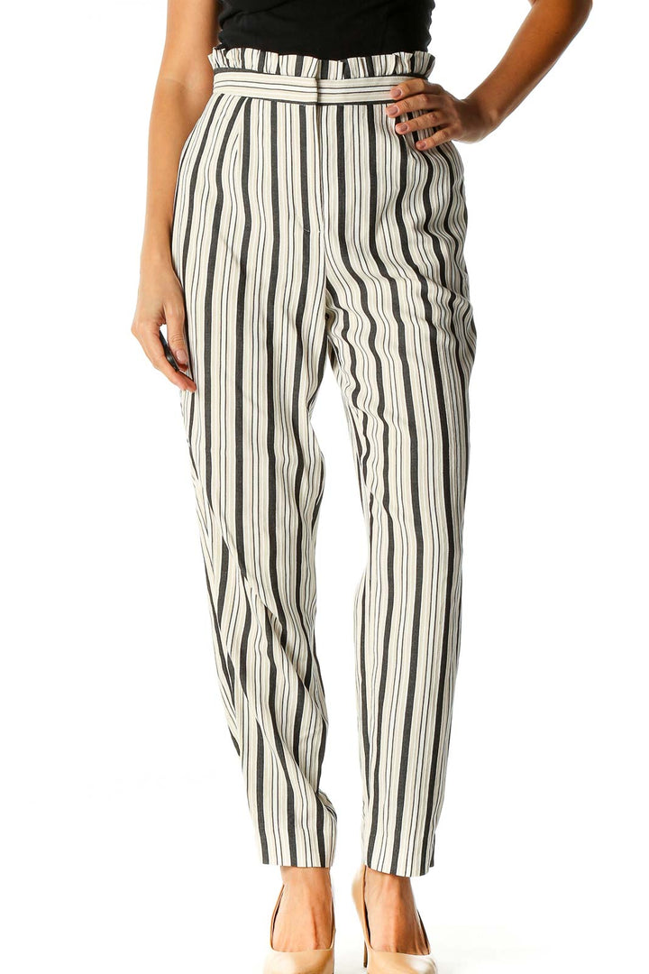 Beige Striped Classic Trousers