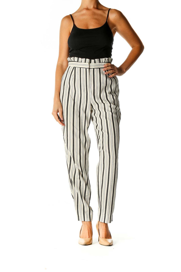 Beige Striped Classic Trousers