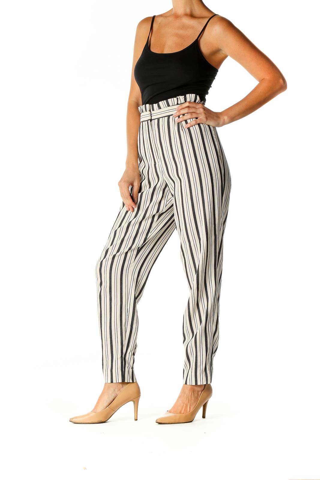 Beige Striped Classic Trousers