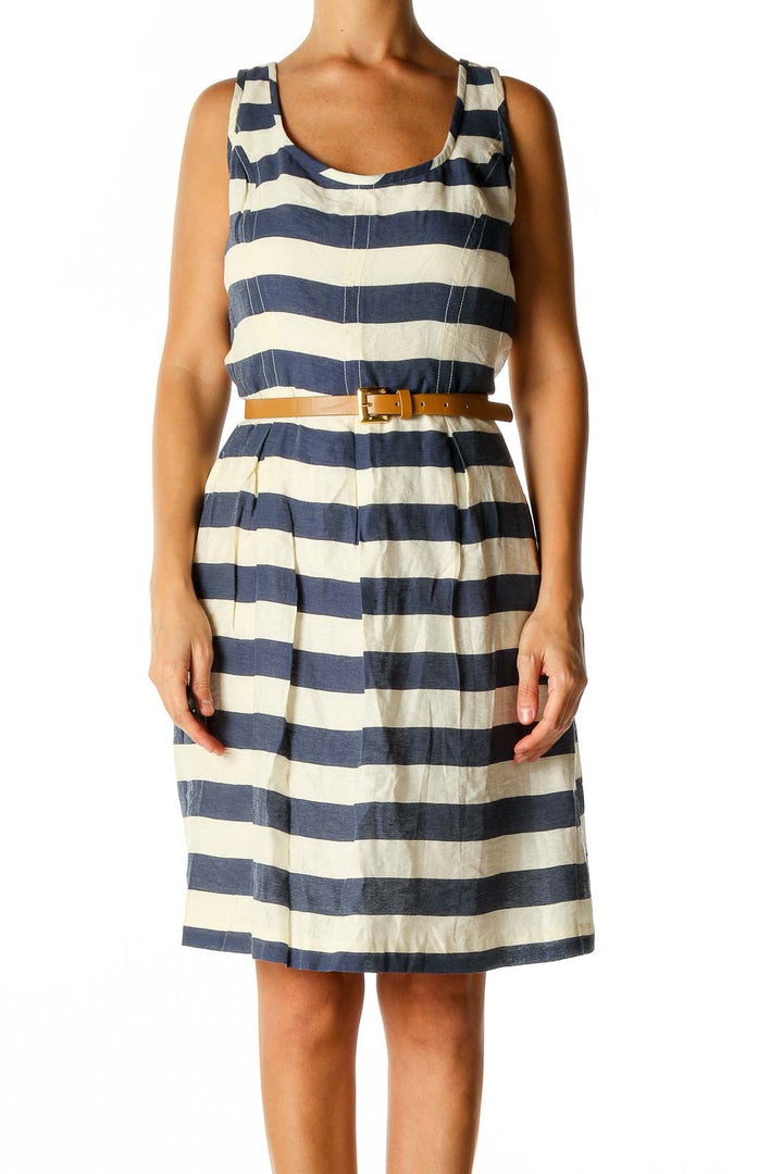 Beige Striped Day A-Line Dress