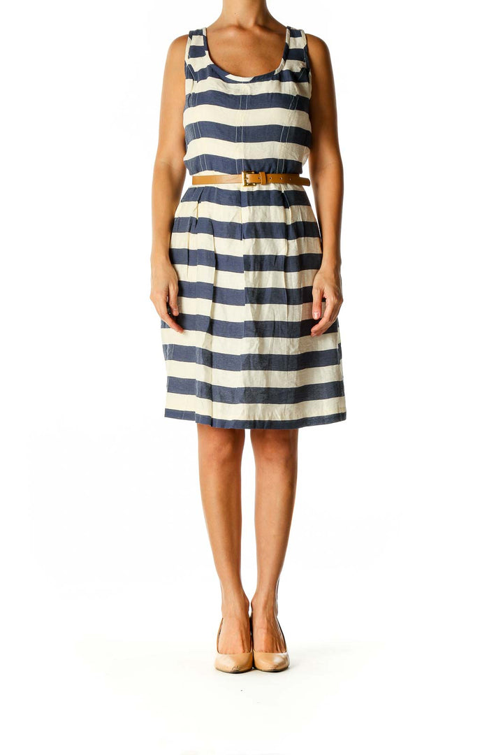 Beige Striped Day A-Line Dress