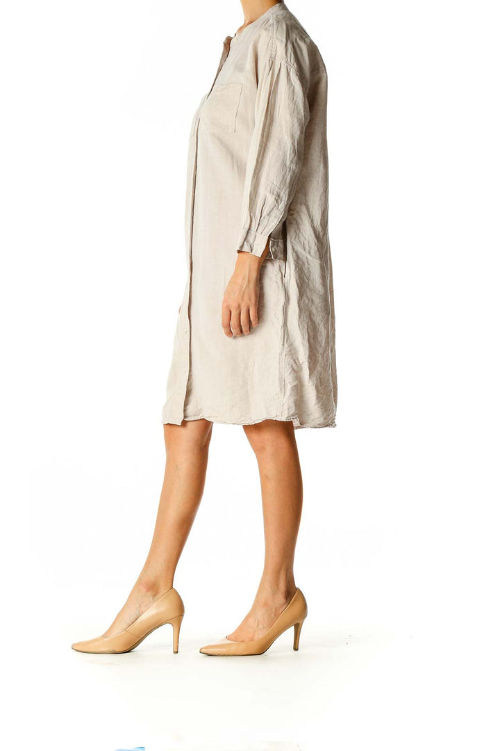 Beige Solid Retro Shift Dress