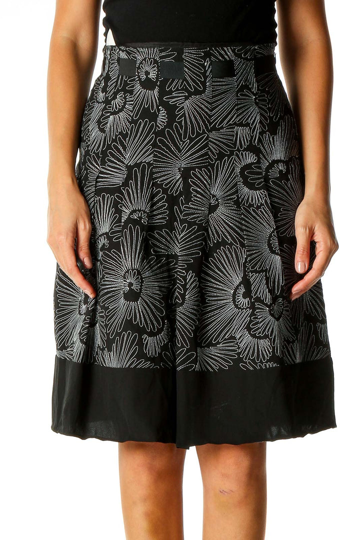 Black Floral Print Brunch A-Line Skirt