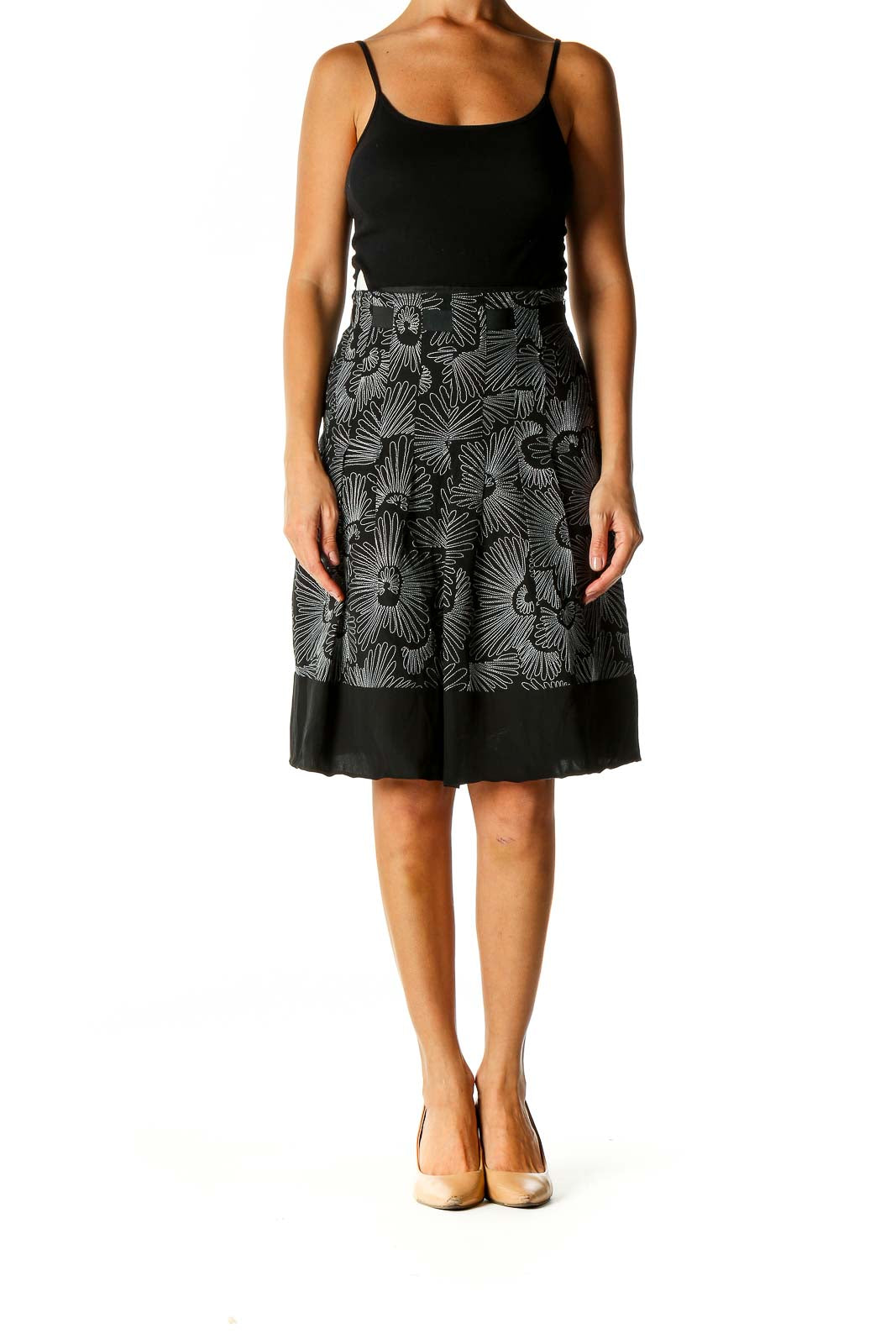 Black Floral Print Brunch A-Line Skirt