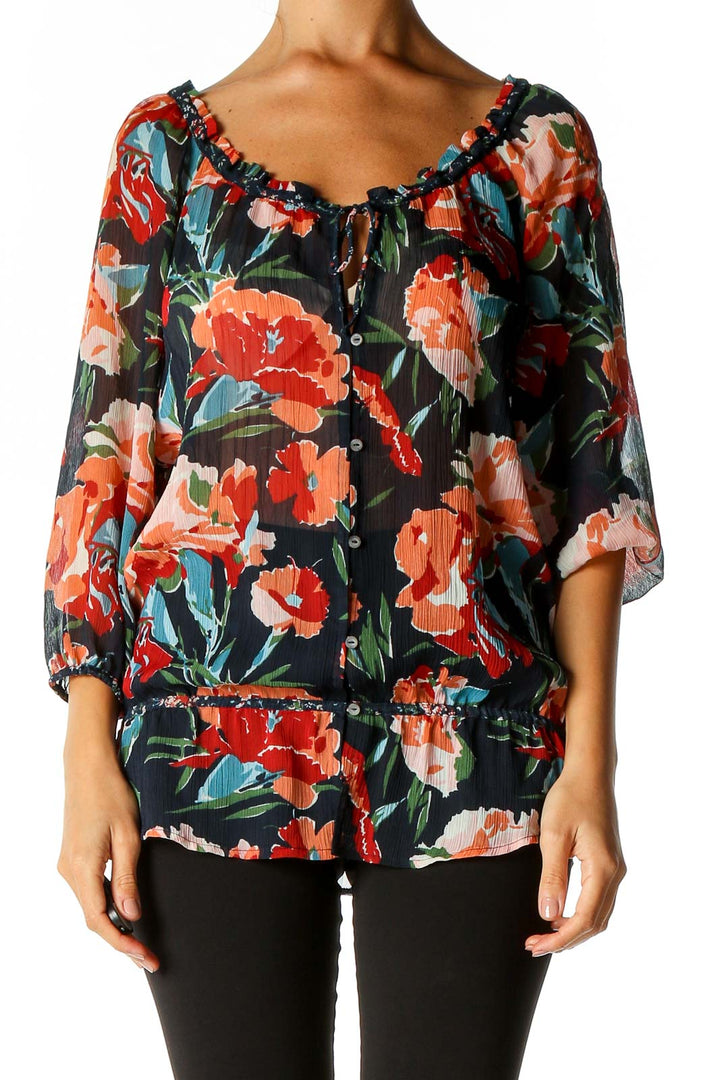 Red Floral Print Retro Blouse