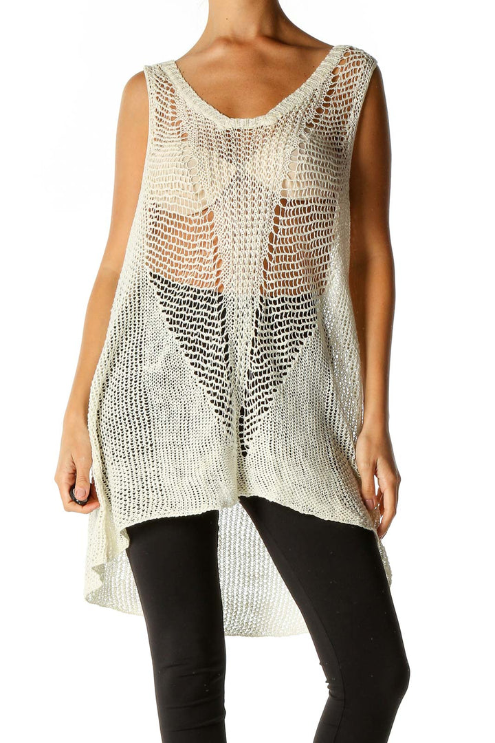 Ivory Linen Crochet Open Weave High-Low Tank Top