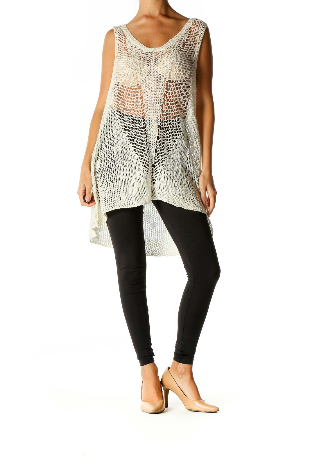 Ivory Linen Crochet Open Weave High-Low Tank Top