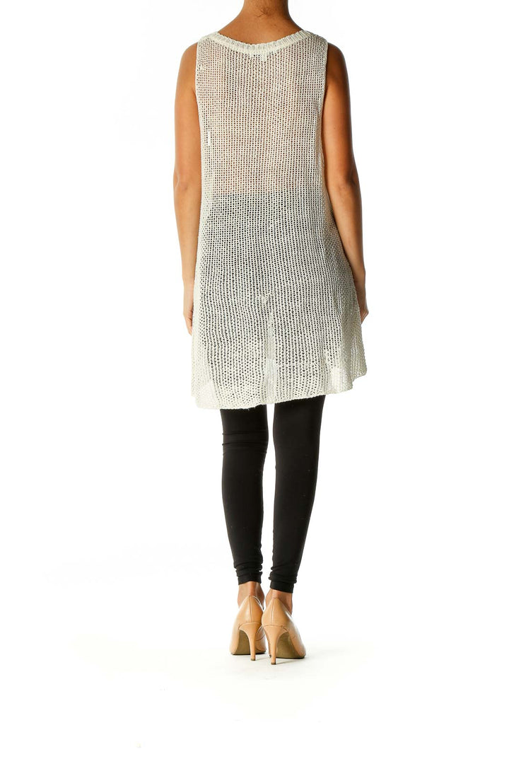 Ivory Linen Crochet Open Weave High-Low Tank Top