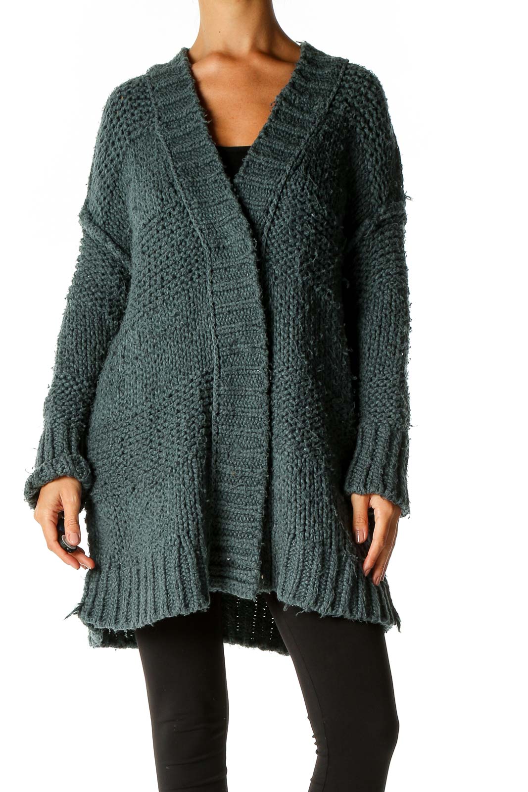 Front view of green chunky knit oversized cardigan from Free People