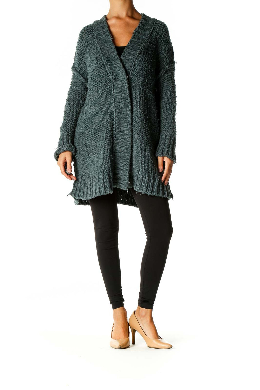 Front view of green chunky knit oversized cardigan from Free People