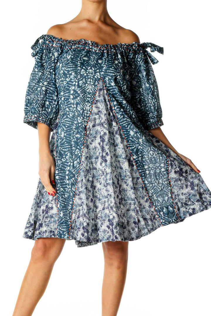 Front view of Free People blue floral off-shoulder midi dress