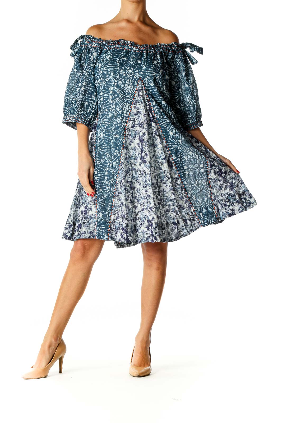 Front view of Free People blue floral off-shoulder midi dress