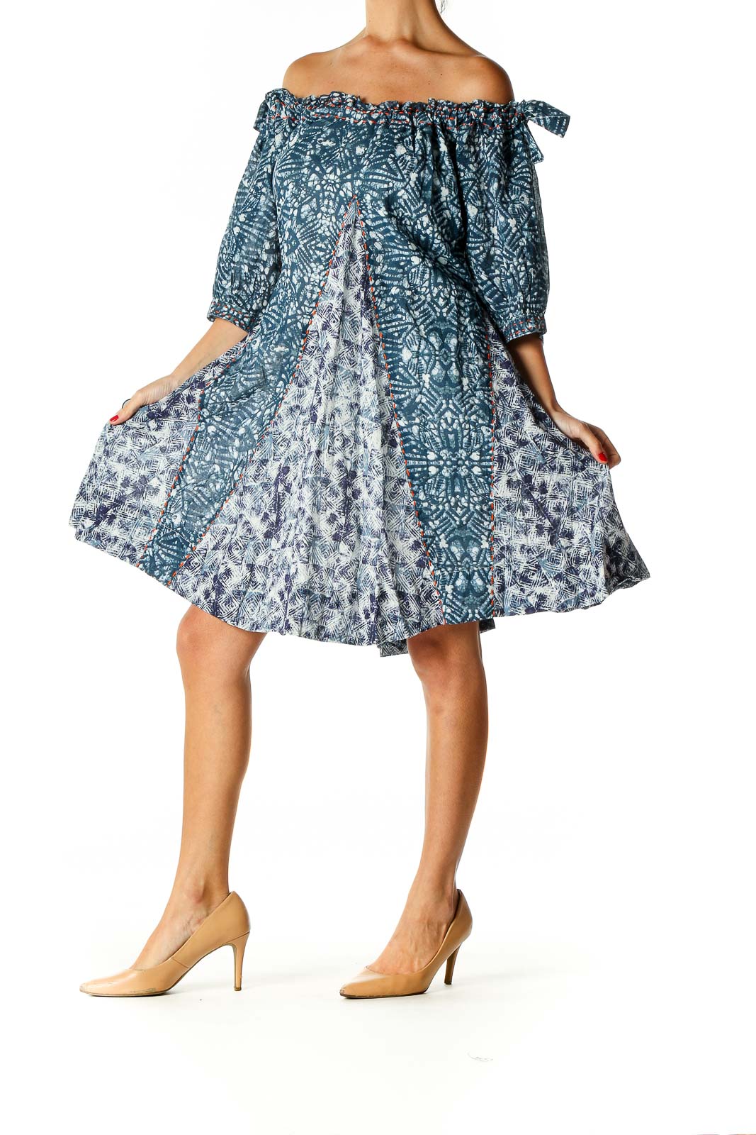 Front view of Free People blue floral off-shoulder midi dress