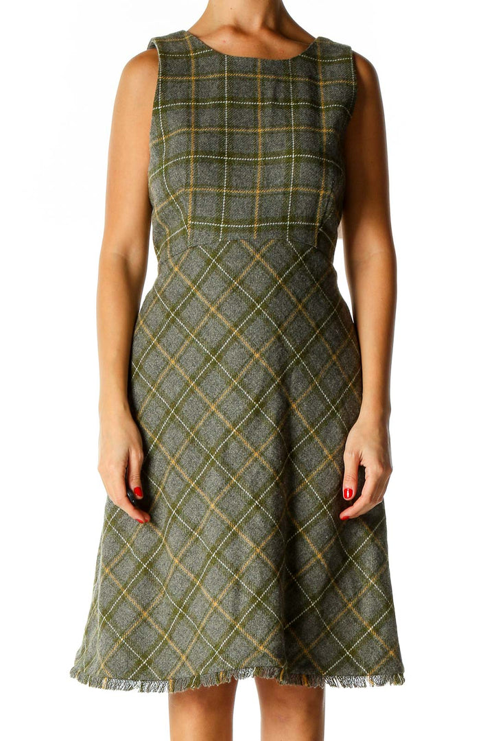 Green Checkered Classic Fit & Flare Dress