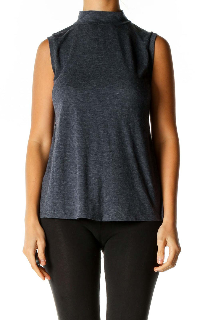 Heather Blue Solid Classic Mock Neck Top