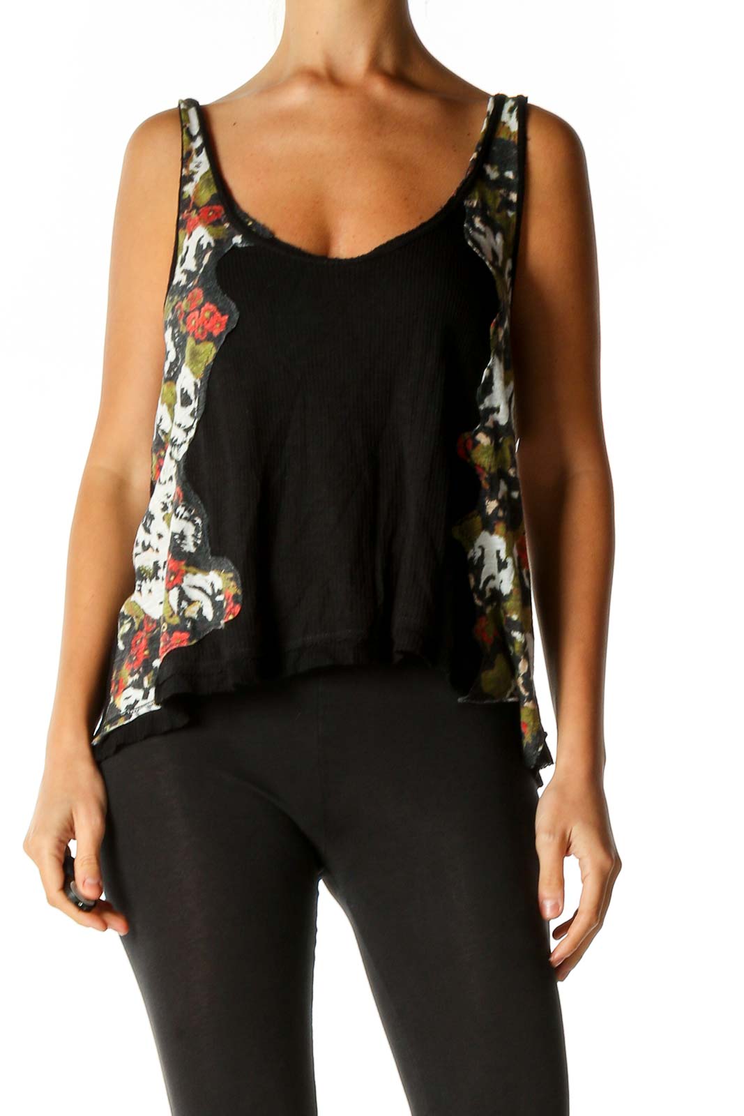 Front view of Free People Black Tank Top with Floral Print Panels